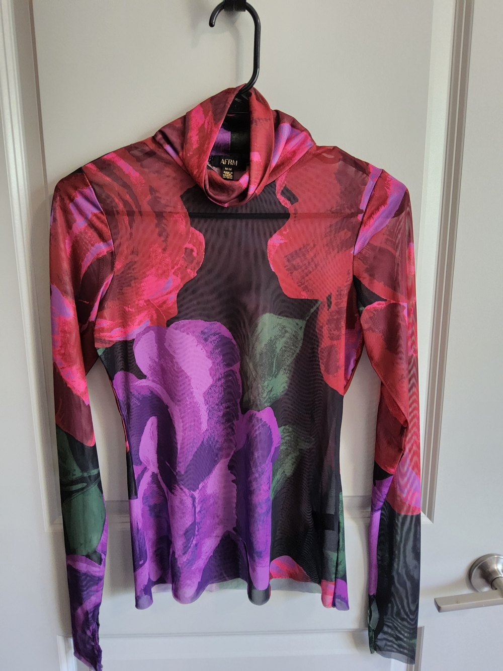 AFRM Sheer Floral Mesh Turtleneck in Pink, Purple, Green and Black